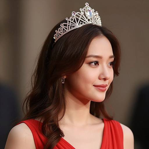 Photograph of a young Asian woman with long brown hair, wearing a sparkling silver tiara and a sleeveless red dress, smiling softly against a blurred