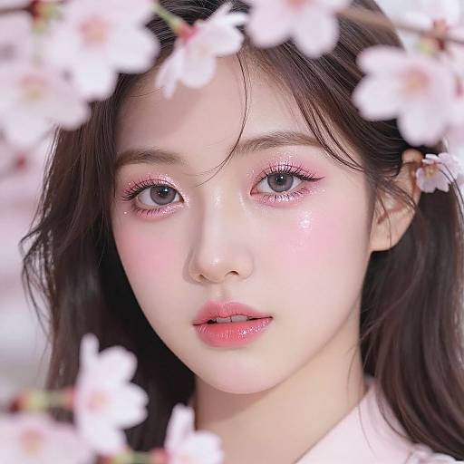 Photograph of a young Asian woman with fair skin, pink eyeshadow, and pink lips, framed by soft-focus cherry blossoms.