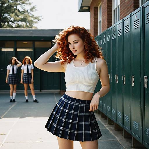 Redhead Woman in Plaid Skirt by School Lockers