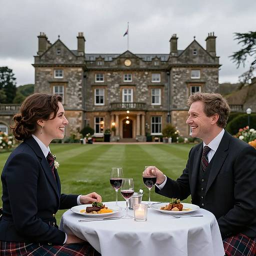 Photograph of a smiling couple in formal Scottish attire, seated at an outdoor table with wine glasses, in front of a grand stone mansion.