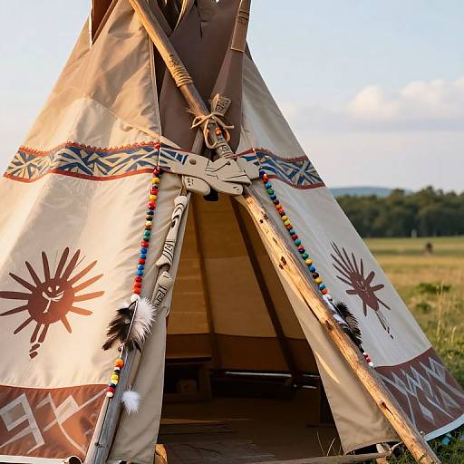 Photograph of a traditional Native American-style teepee with white fabric, red sun designs, colorful beadwork, and wooden poles, set in a grass