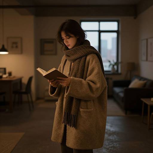 Photograph of a woman with dark hair, wearing a brown coat and scarf, reading a book in a dimly lit, cozy living room.