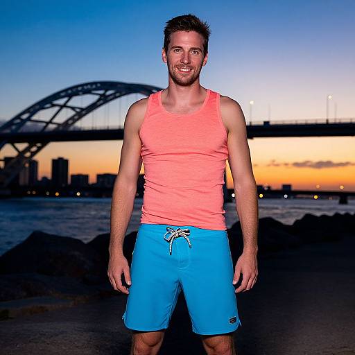 Man in Vibrant Coastal Outfit at Sunset