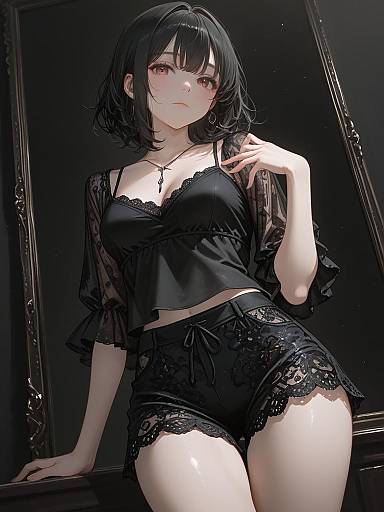 Woman in Chic Black Silk Lingerie
