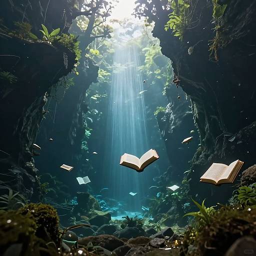 Ethereal Underwater Realm with Floating Books