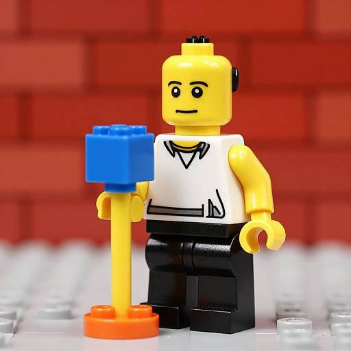 Photograph of a yellow LEGO minifigure with black pants, white sleeveless shirt, holding a blue and orange LEGO hammer, against a red brick
