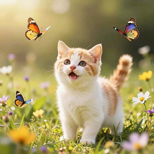 Photograph of an adorable orange and white kitten with wide eyes, standing in a sunlit meadow filled with colorful butterflies and blooming flowers.