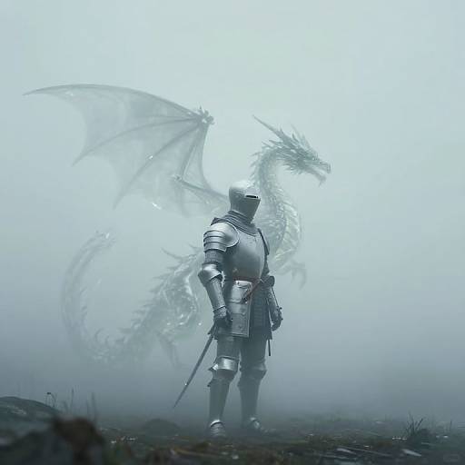 Photograph of a silver-armored knight standing in mist, facing a large, ethereal, dragon with translucent wings behind him.