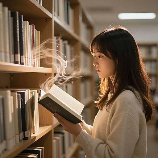 Photograph of a young Asian woman with long brown hair, wearing a white sweater, reading a glowing book in a dimly lit library, with steam