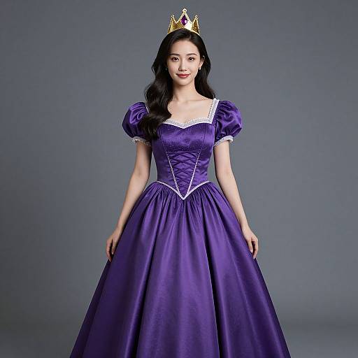 Photograph of an Asian woman with long black hair, wearing a purple princess gown with white trim, and a gold crown, standing against a grey background