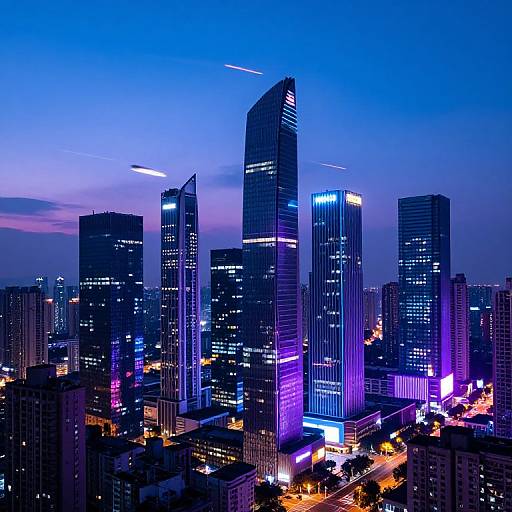 Photograph of a vibrant cityscape at dusk with tall, illuminated skyscrapers in blue and purple lights, against a deep blue sky.