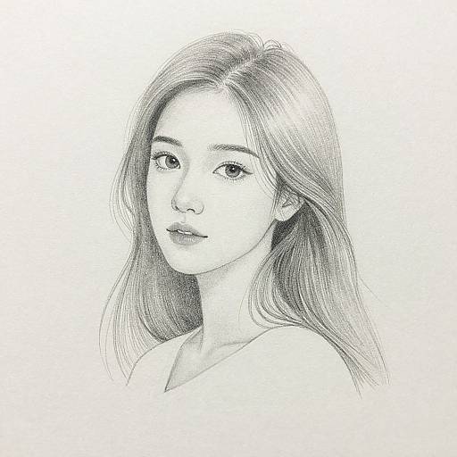 Black-and-white pencil drawing of a beautiful young Asian woman with long, flowing hair, delicate features, and a gentle expression.