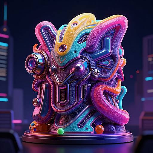 Vibrant, neon-colored, abstract sculpture with intricate, swirling patterns and textures in purple, blue, pink, and yellow, illuminated against a dark
