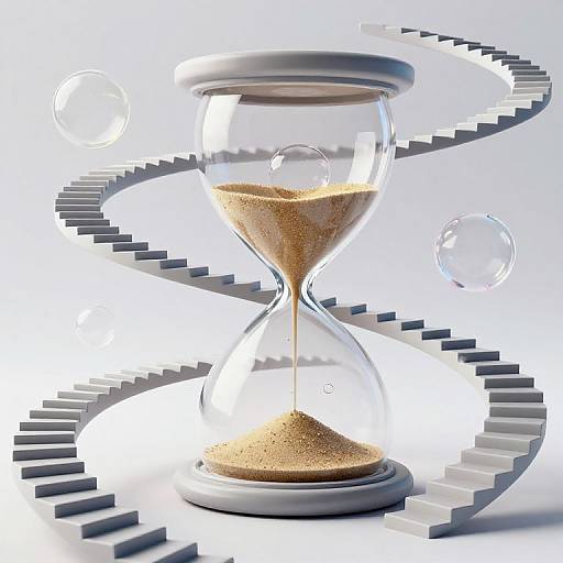 Photograph of a clear hourglass with golden sand, surrounded by swirling black and white staircases and floating transparent bubbles.
