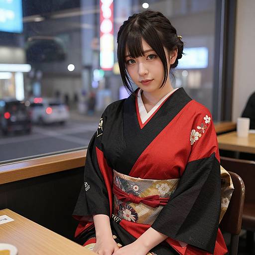 Modern Japanese Woman in Neon-lit Café
