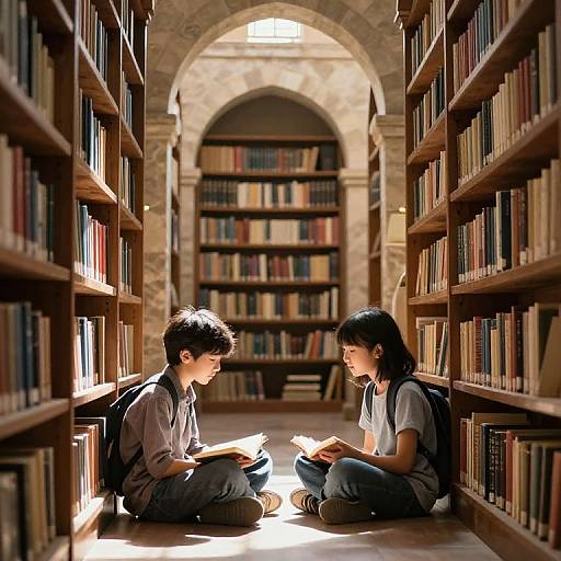 Photograph of two Asian students, boy and girl, sitting on floor between wooden bookshelves in sunlit library, reading books.