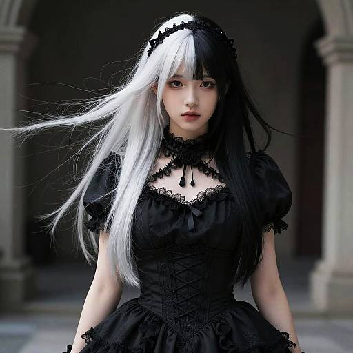 Cinematic Gothic Asian Girl with Bicolor Mullet