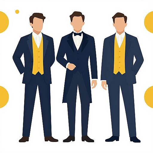 Digital illustration of three faceless men in navy suits, yellow vests, and black bow ties, standing against a white background with yellow circles.