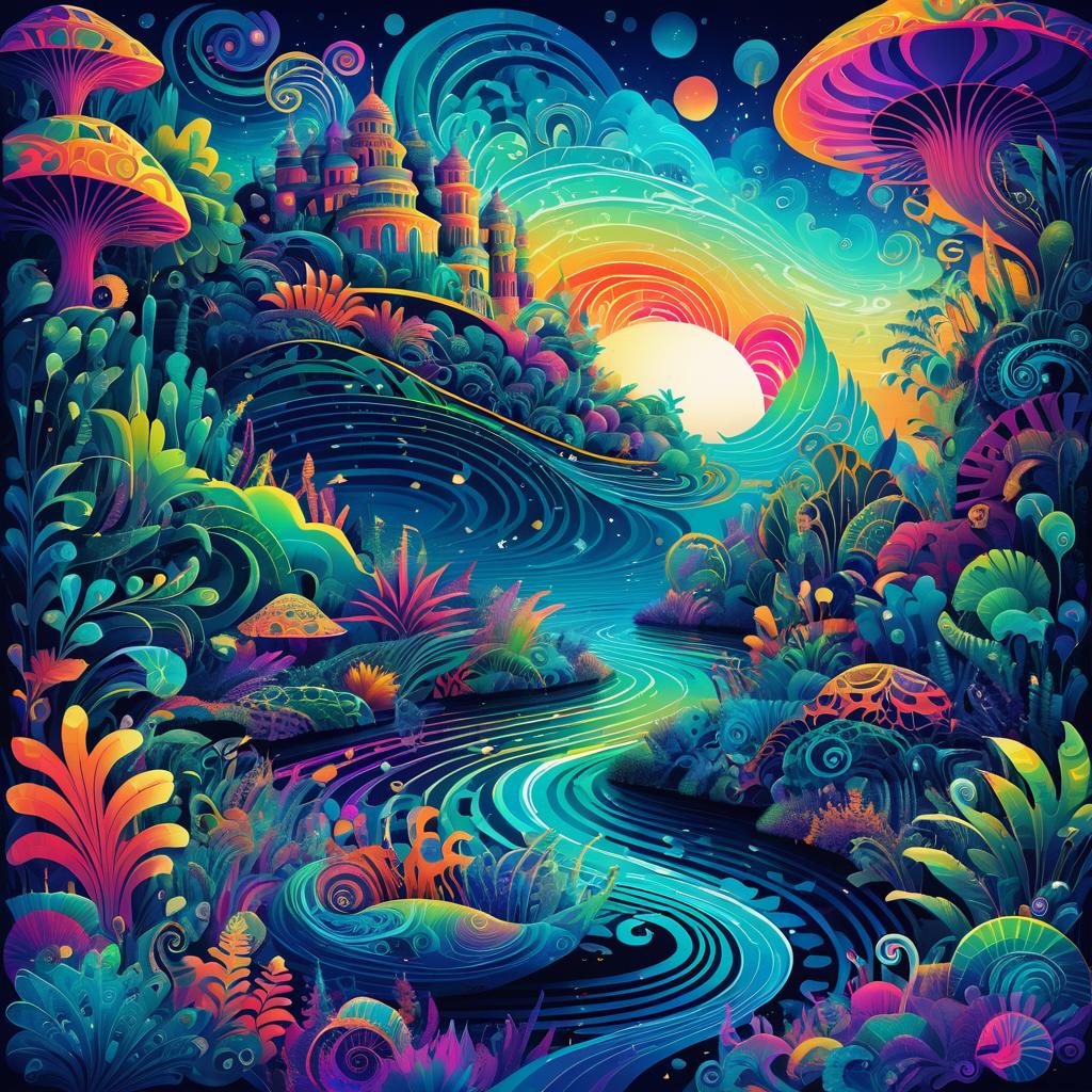 Vibrant Surreal Landscape with Fantasy Creatures