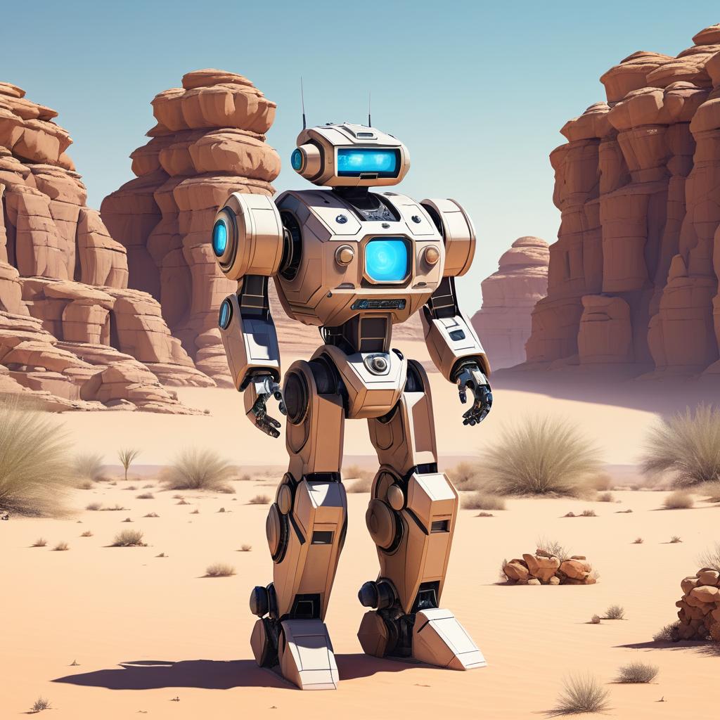 Dreamlike Robot in Vintage Desert Scene