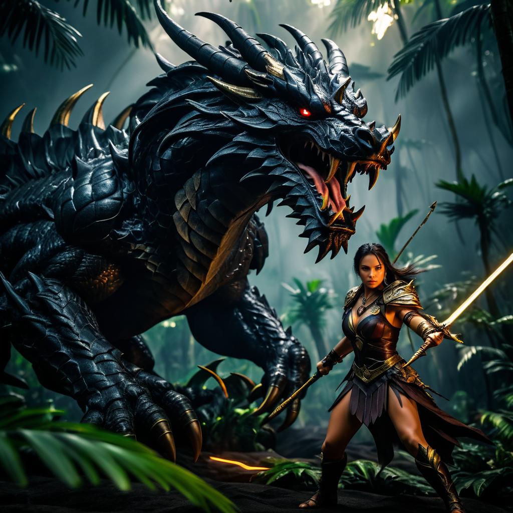 Epic Jungle Showdown: Huntress vs. Dragon