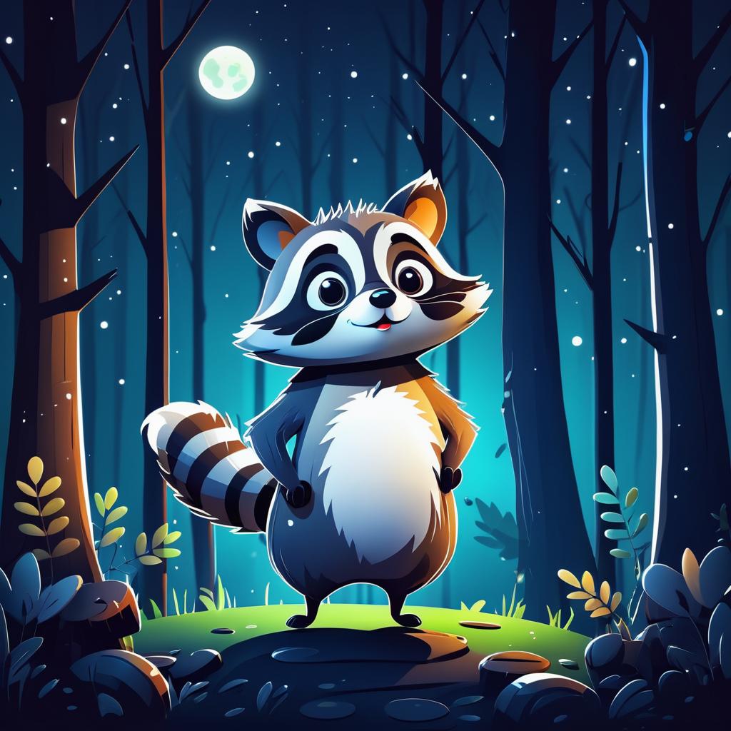 Whimsical Raccoon in Night Forest