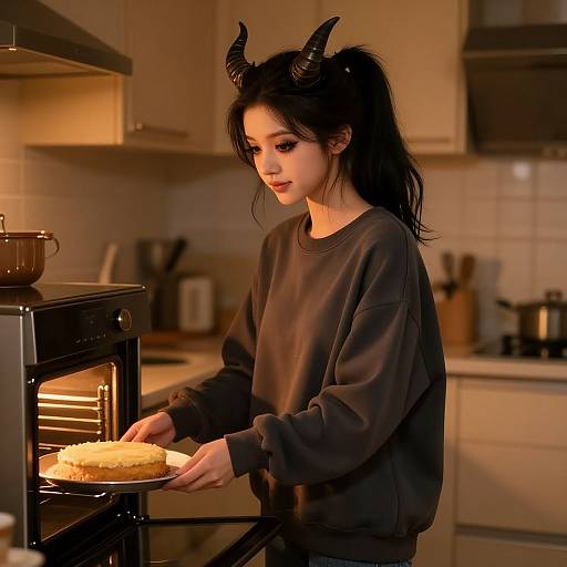 Digital artwork of an anime-style girl with black horns, long black hair in a ponytail, wearing a black sweatshirt, placing a pie in a