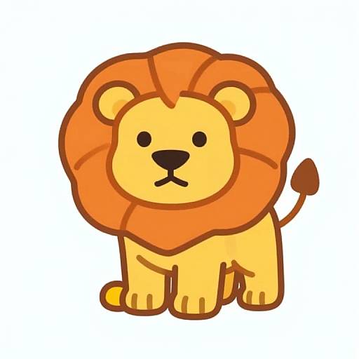 Cute digital cartoon lion with a large, orange, segmented mane, beige body, black nose, and tail tip, standing on yellow paws.