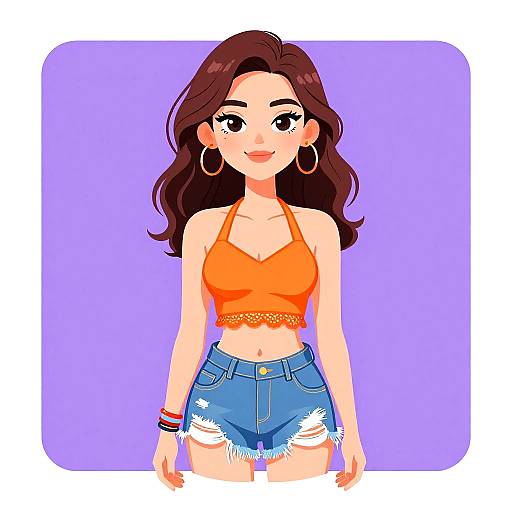 Digital anime-style drawing of a smiling woman with long brown hair, wearing a bright orange crop top and frayed denim shorts, against a lavender background.