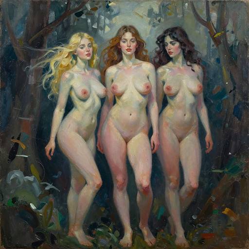 Digital painting of three nude women with fair skin, standing in a dark forest. Blonde, redhead, and brunette, all with natural breasts, soft light