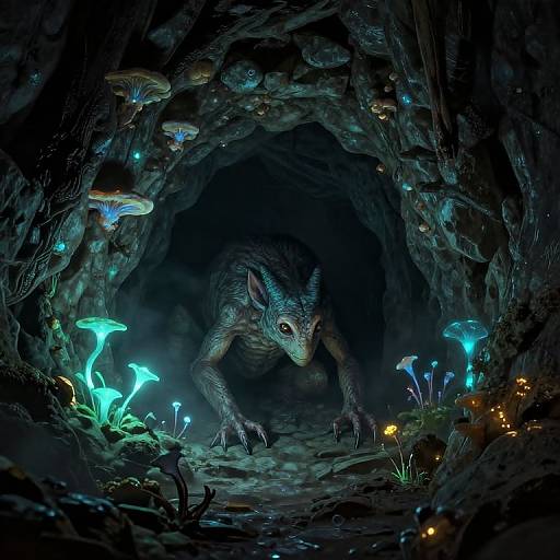 Digital fantasy artwork of a glowing-eyed, dragon-like creature crouching in a dark, bioluminescent mushroom-lit cave with intricate rock textures
