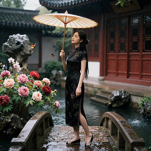 Qipao Maiden on Rainy Stone Bridge