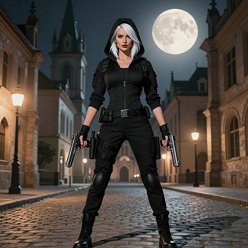 Woman in Tactical Outfit with Pistols Under Full Moon