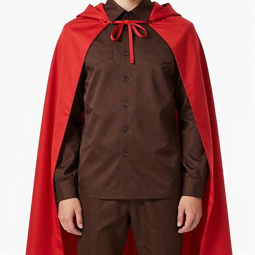 Photograph of a person wearing a black button-up shirt and black pants, with a bright red cape and red ribbon tie.