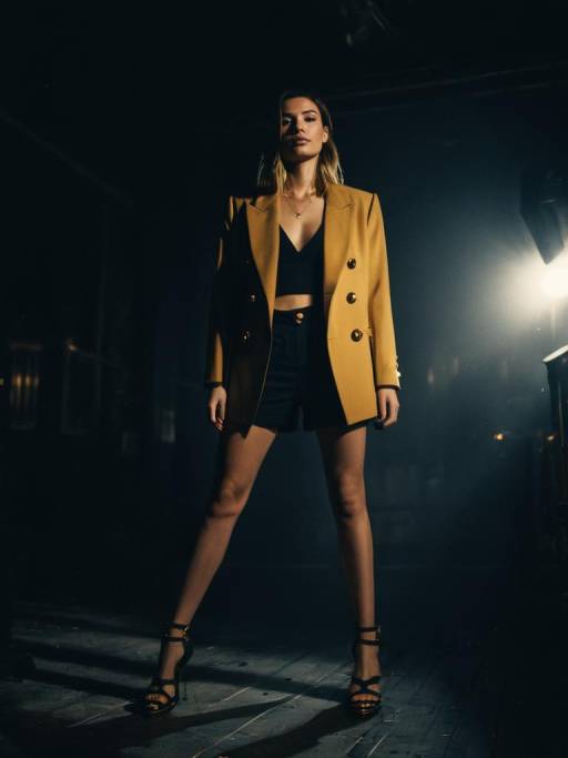 Contemporary Chic Woman in Camel Blazer and Black Shorts