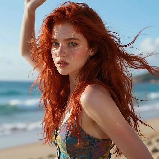 Photograph of a beautiful red-haired woman with freckles, wearing a colorful, strapless top, standing on a sunny beach with ocean waves in