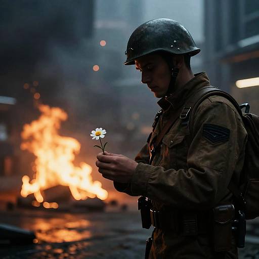 Cinematic Dystopian Riot Soldier With Flower