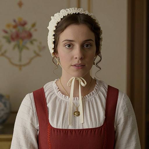 Photograph of a young woman with fair skin, dark curly hair, white headband, red pinafore dress, white ruffled blouse, gold