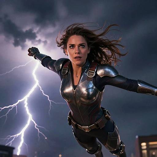 Digital art of a fierce, brown-haired woman in a shiny black, futuristic suit, running with lightning bolt in stormy, night sky.