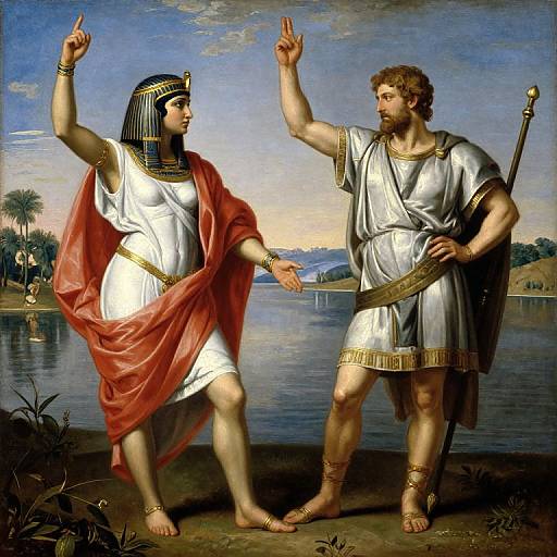 Neoclassical painting of a muscular man and woman with raised arms, wearing ancient Egyptian and Greek togas, by Jean-Léon Gér