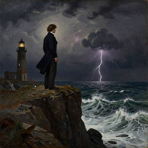 Digital painting: Brooding man in black suit stands on rocky cliff, facing stormy sea with lightning, lighthouse to the left, dark stormy