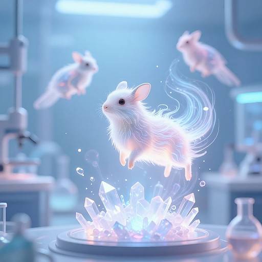 Digital artwork of a glowing, white, ethereal rabbit with flowing fur, leaping from a crystal-filled, blue-lit laboratory beaker.