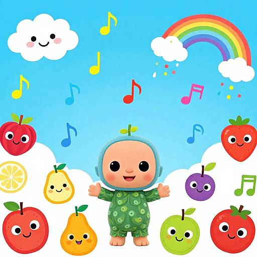 Cute digital illustration of a bald baby in green pajamas surrounded by smiling fruits, musical notes, rainbow, and clouds.