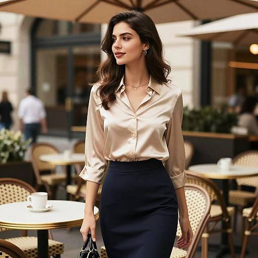 Photograph of a confident woman with long dark hair, wearing a silky beige blouse and black skirt, holding a purse, standing outdoors at a sunny café