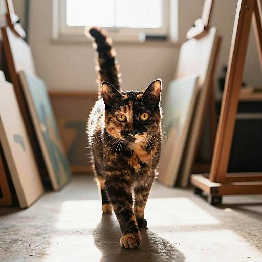 Curious Tortoiseshell Cat in Sunlit Studio