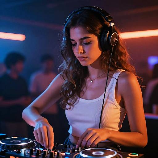 Photograph of a young woman with long brown hair, wearing a white tank top and headphones, DJing in a dimly lit club with neon lights