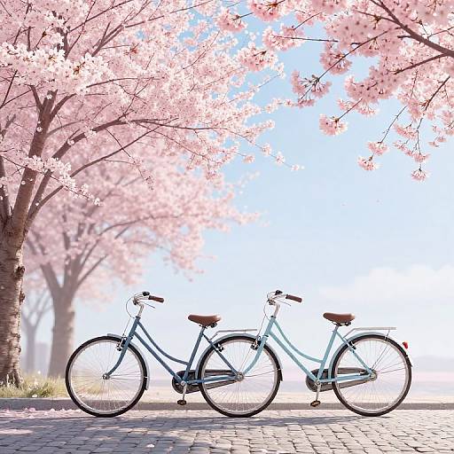 Photograph of two classic blue bicycles parked under cherry blossom trees, with soft pink petals and bright blue sky in the background.