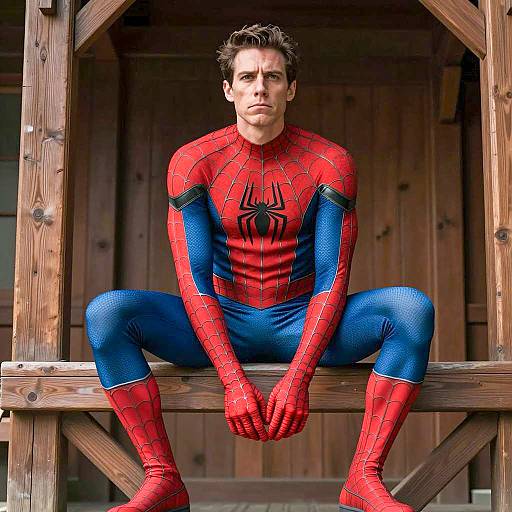 Man in Spider-Man Costume Sitting on Wooden Structure