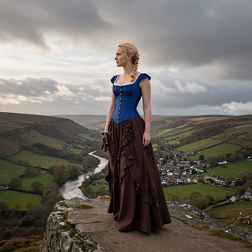 Photograph of a blonde woman in a blue corset and brown skirt standing on a rocky hill, overlooking a lush, cloudy valley with a winding river