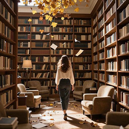 Photograph of a woman with curly hair, white blouse, and black pants, standing in a sunlit library, surrounded by bookshelves, autumn